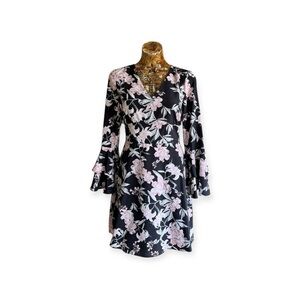 Cynthia Steffe dress v neck bell sleeves pink floral party 0 XS